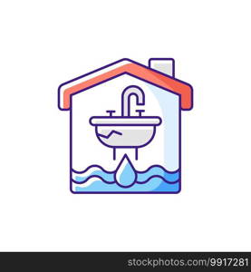 Water damage RGB color icon. Flooding and water leak. Structural and foundational damages. Irreparable destruction to walls and carpet. Personal possessions loss. Isolated vector illustration. Water damage RGB color icon