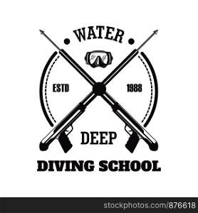 Water deep diving school banner and headlines titles. Mask and guns, placed in rounded frame with establishment date and organisations name. Snorkeling exotic sport logo, vector illustration. Water deep diving school banner and headlines vector illustration