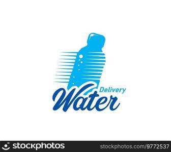 Water delivery icon. Clean mineral water distribution sign, clean drinking bottled water fast delivery service vector icon or emblem with moving fast plastic disposable bottle. Clear water delivery service blue icon