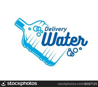 Water delivery icon of bottle with bubbles, vector blue plastic gallon. Water delivery service logistics and distribution company emblem for drinking and mineral water for office or home. Water delivery icon, blue bottle with bubbles