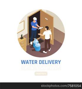 Water delivery isometric background with circle indoor composition human characters and text with read more button vector illustration