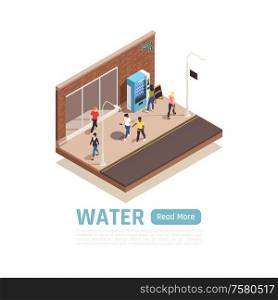 Water delivery isometric background with view of city pavement people and vending machine with water bottles vector illustration