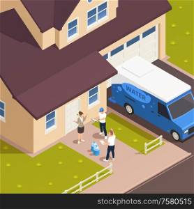 Water delivery isometric outdoor composition with entrance to living house with characters of worker and hosts vector illustration