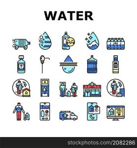 Water Delivery Service Business Icons Set Vector. Water Delivery Service Worker Delivering Drink At Home And Office, Online Ordering In Smartphone Application And On Web Site Line. Color Illustrations. Water Delivery Service Business Icons Set Vector