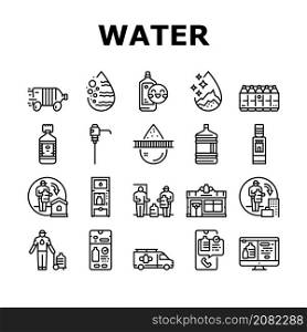 Water Delivery Service Business Icons Set Vector. Water Delivery Service Worker Delivering Drink At Home And Office, Online Ordering In Smartphone Application On Web Site Black Contour Illustrations. Water Delivery Service Business Icons Set Vector