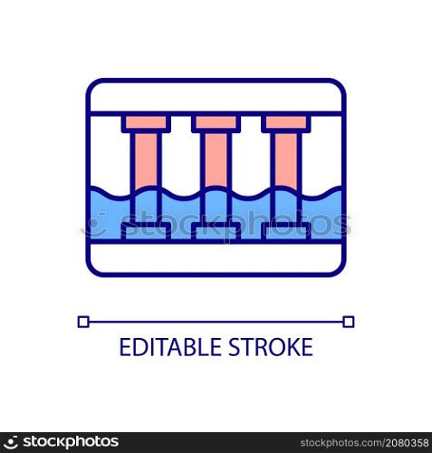 Water discharge tunnel RGB color icon. Facility emergency infrastructure. Flood control for natural disaster. Isolated vector illustration. Simple filled line drawing. Editable stroke. Arial font used. Water discharge tunnel RGB color icon
