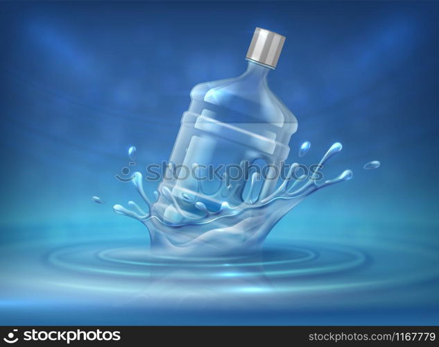 Water dispenser bottle. Realistic advertising background with big water can and splashes. Vector ad mockup of 3d plastic bottle for industrial purifier bottling delivery. Water dispenser bottle. Realistic advertising background with big water can and splashes. Vector ad mockup of plastic bottle
