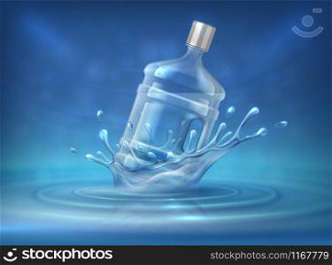 Water dispenser bottle. Realistic advertising background with big water can and splashes. Vector ad mockup of 3d plastic bottle for industrial purifier bottling delivery. Water dispenser bottle. Realistic advertising background with big water can and splashes. Vector ad mockup of plastic bottle