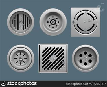 Water drains. Round metal close up form for protect sink or basin from trash decent vector drain liquids realistic templates. Illustration of water drain steel. Water drains. Round metal close up form for protect sink or basin from trash decent vector drain liquids realistic templates