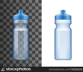 Water drink bottle realistic vector 3d mockup. Empty blue plastic container for fitness drink or energy beverage, reusable flask with push and pull cap on transparent and white background. Plastic water bottle of sport drink, 3d mockup