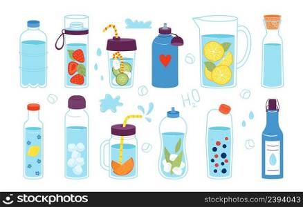 Water drink elements. Cute drinks, drops splashing and glasses. Reusable and sporting bottles. Fresh healthy mineral drink with citrus fruits, vector set. Illustration of container water refreshing. Water drink elements. Cute drinks caps, drops splashing and glasses. Reusable and sporting bottles. Fresh healthy mineral drink with citrus fruits, decent vector set