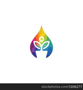 Water drop and Flower pot logo. Plant growth vector logo design.