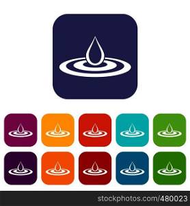Water drop and spill icons set vector illustration in flat style in colors red, blue, green, and other. Water drop and spill icons set