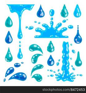 Water drop and splash. Cartoon liquid droplet graphic template, pure and clean water waves, morning dew and raindrop. Vector fluid drip isolated set illustrations design wet rain. Water drop and splash. Cartoon liquid droplet graphic template, pure and clean water waves, morning dew and raindrop. Vector fluid drip isolated set