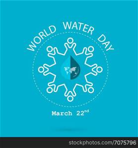 Water drop and world map with people icon vector logo design template.World Water Day icon.World Water Day idea campaign for greeting card and poster.Vector illustration