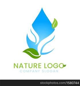 Water drop aqua with green leaf nature eco concept logo design vector isolated on white abstract background