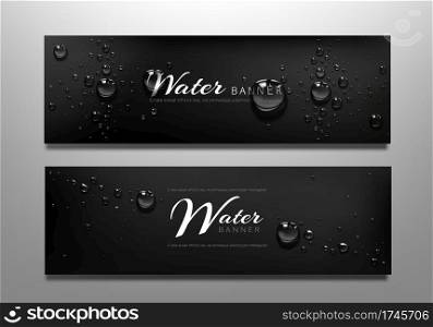 Water drop banners, black background with liquid bubbles or aqua spheres. Horizontal wet backdrop, abstract template for advertising, graphic design concept with realistic 3d vector scattered droplets. Water drop banners, background with liquid spheres