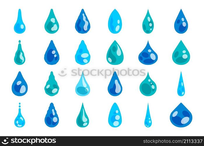 Water drop. Cartoon droplet of morning dew and raindrop, graphic template of pure mineral water symbol, falling juice or oil drop illustration set blue pure logo. Water drop. Cartoon droplet of morning dew and raindrop, graphic template of pure mineral water symbol, falling juice or oil drop
