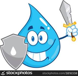 Water Drop Cartoon Mascot Guarder With Shield And Sword