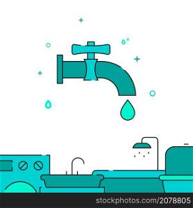 Water drop from tap, faucet filled line vector icon, simple illustration, Plumbing related bottom border.. Water drop from tap, faucet filled line icon, simple vector illustration