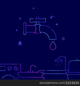 Water drop from tap, faucet gradient line vector icon, simple illustration on a dark blue background, Plumbing related bottom border.. Water drop from tap, faucet gradient line icon, vector illustration