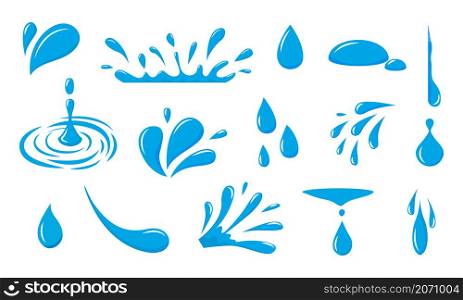 Water drop icon. Blue raindrop and droplet logo. Graphic drip and oil splash. Liquid falling dew and fluid splatter. Pure fresh drink. Clean aqua cartoon elements. Vector isolated dripping blobs set. Water drop icon. Blue raindrop and droplet logo. Graphic drip and oil splash. Liquid falling dew and fluid splatter. Pure fresh drink. Clean aqua elements. Vector dripping blobs set