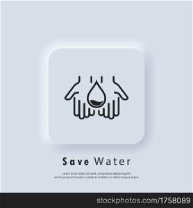 Water drop logo. Natural aqua. Water drop icon in hand. Saving water is an environmental concept. Vector. Neumorphic UI UX white user interface web button. Neumorphism