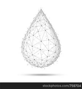 Water drop or oil drop icon made with blockchain technology network polygon isolated on white background. Connection structure of droplet or raindrop. Low poly design.. Polygon water drop isolated on white background.