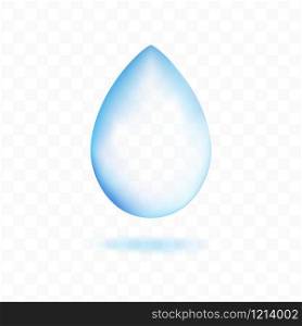 Water drop. Realistic liquid droplet. Pure dew. Aqua icon isolated on transparent background. Freshness and ecology symbol. Clear blue colour. Beautiful vector illustration for your design.