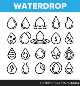 Water Drop Vector Thin Line Icons Set. Water Drop with Dollar, Percentage, Recycling Sign Linear Pictogram. Watering Crops in Agriculture, Sustainable Use, Dirty, Polluted Liquid Contour Illustrations. Water Drop Vector Thin Line Icons Set