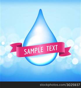 Water drop with pink ribbon. Vector water drop with pink ribbon on the boken lights background