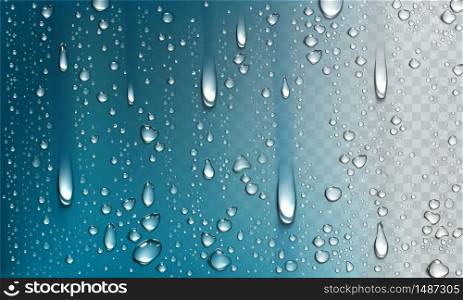 Water droplets on glass surface isolated on transparent background. Vector realistic illustration of condensation of steam in shower or fog on window, fall clear aqua drops from dew or rain. Water droplets isolated on transparent background