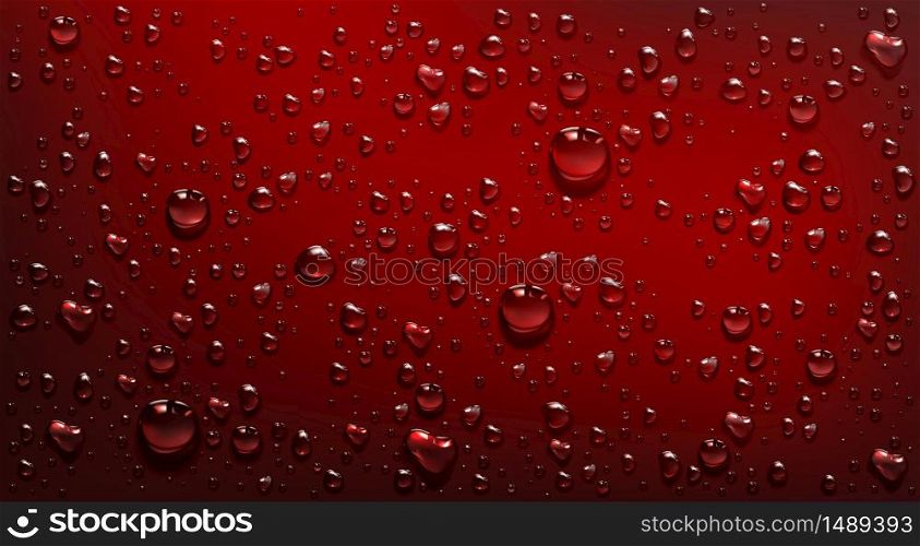 Water droplets on red background. Vector realistic illustration of condensation of steam in shower or fog on wet red surface, clear aqua drops from dew or rain. Water droplets on red background