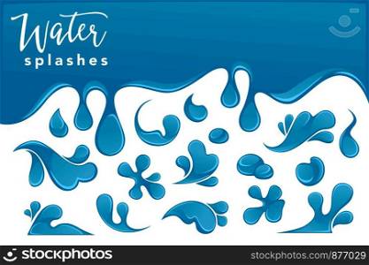 Water drops and splashes vector collection. Background decor with ocean or sea blue waves. Water drops and splashes vector collection.