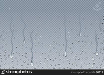 Water drops background. Shower steam condensation drips on transparent glass, rain drops on window. Vector realistic shower water drops. Water drops background. Shower steam condensation drips on transparent glass, rain drops on window. Vector realistic water drops