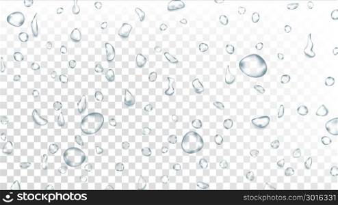 Water Drops Background Vector. Water Splash. Droplet Icon. Natural Dew. Smooth Shape. Rain Splash. Steam Vapor Dew. Isolated On Transparent Background Illustration. Water Drops Background Vector. Wet Backdrop. Clean Fresh Water. Abstract Bubble. Isolated On Transparent Background Illustration