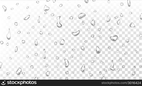 Water Drops Background Vector. Wet Backdrop. Clean Fresh Water. Abstract Bubble. Isolated On Transparent Background Illustration. Water Drops Background Vector. Clean Fresh Water. Abstract Bubble. Freshness Concept. Liquid Texture. Shower Flux. Isolated On Transparent Background Illustration