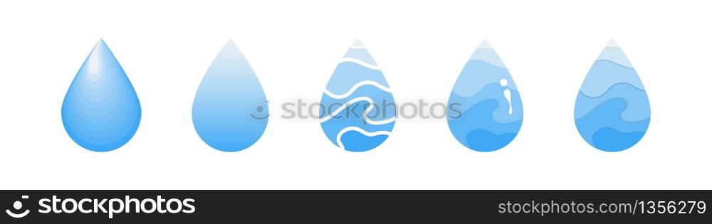 Water drops collection. Water drops flat icons. Water drops logo in modern flat design, isolated on white background. Vector illustration.
