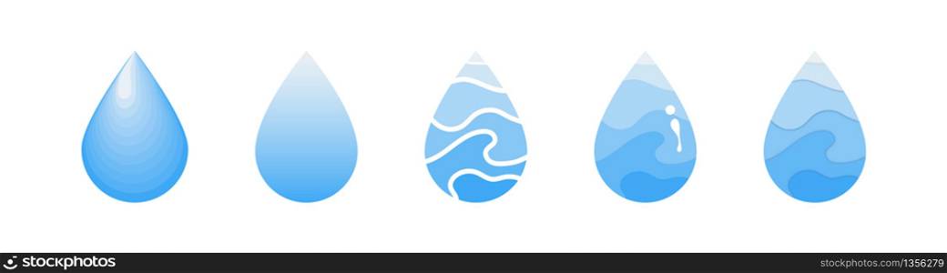 Water drops collection. Water drops flat icons. Water drops logo in modern flat design, isolated on white background. Vector illustration.