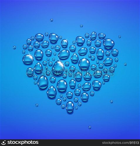 Water drops in heart shape. Water drops in heart shape on blue background, vector illustration