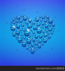Water drops in heart shape. Water drops in heart shape on blue background, vector illustration
