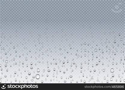 Water drops on glass. Rain droplets on transparent window, steam condensation pattern, shower glass. Vector water drops realistic background. Water drops on glass. Rain droplets on transparent window, steam condensation pattern, shower glass. Vector water drops background