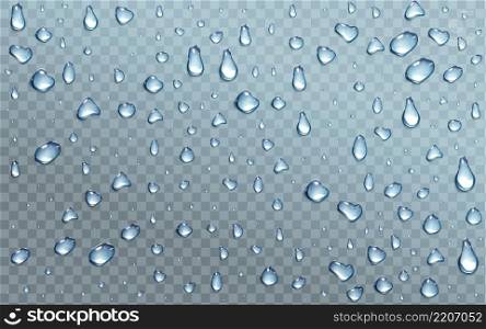 Water drops on transparent background, condensation, rain droplets with light reflection on window or glass surface, pure aqua blobs pattern, abstract wet texture, Realistic 3d vector illustration. Water drops on transparent background, droplets
