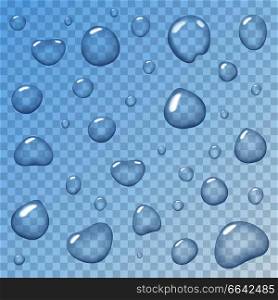 Water drops on transparent blue background. Vector illustration with big wet round liquid blobs left on clear glass after rain in realistic design. Water Drops Transparent Backdrop Realistic Vector