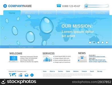 Water drops on world map business background concept. Website template for fresh business ideas, ecology, innovations Editable.