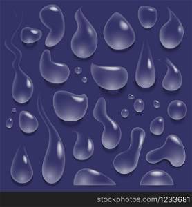 Water drops. Realistic drop of pure water, rain droplets and splashes, teardrops of different shapes vector illustration set. Transparent shiny aqua bubbles streaming on blue surface. Water drops. Realistic drop of pure water, rain droplets and splashes, teardrops of different shapes vector illustration set