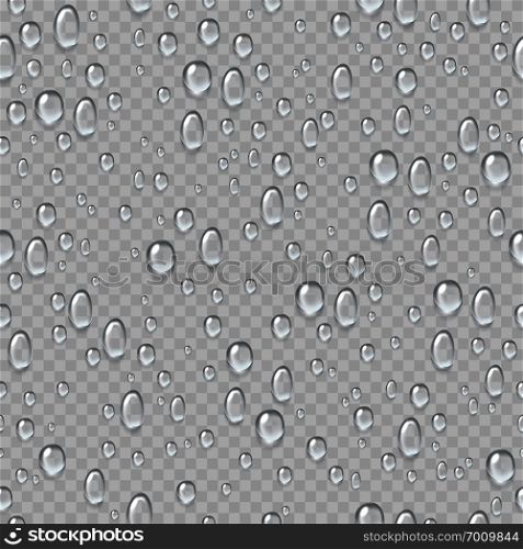 Water drops seamless pattern. Rain droplets on window fogged glass. Fresh drop raindrops. Condensation watering isolated vector texture. Water drops seamless pattern. Rain droplets on window fogged glass. Fresh drop raindrops. Condensation watering isolated