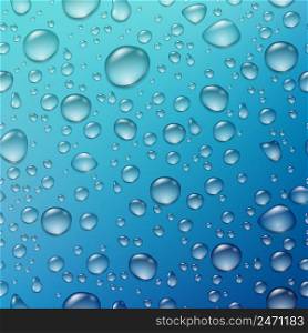 Water drops seamless realistic circle raindrop images of different size on a cold blue gradient background vector illustration. Wet Blue Glass Background