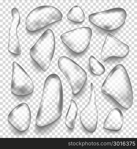 Water Drops Vector. Freshness Concept. Liquid Texture. Shower Flux. Isolated On Transparent Background Illustration. Water Drops Set Vector. Smooth Shape. Rain Splash. Steam Vapor Dew. Isolated On Transparent Background Illustration