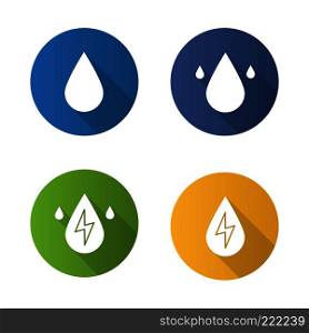Water energy. Flat design long shadow icons set. Water drops. Vector silhouette illustration. Water energy. Flat design long shadow icons set